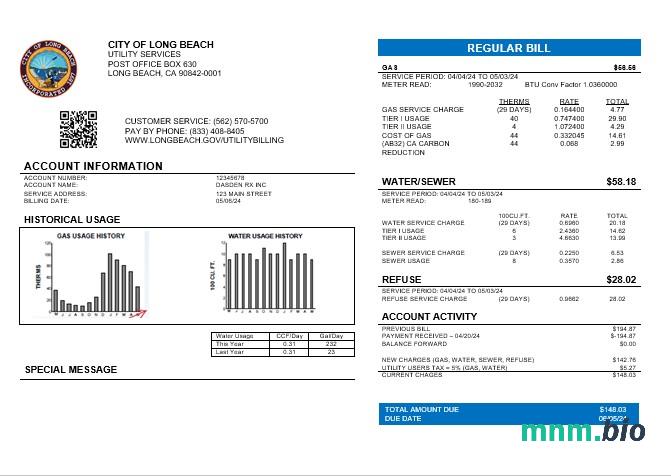 USA Miasto Long Beach Business utility bill szablon w formacie Word i PDF